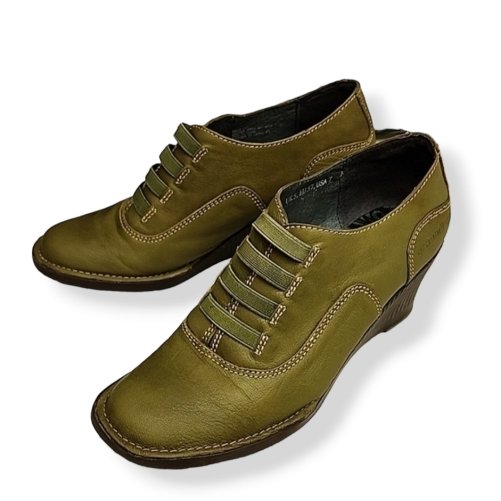 GROUNDHOG PORTUGAL Olive Leather Wedge Booties 7 37 Artsy Oxford Boots Slip On - Picture 14 of 16